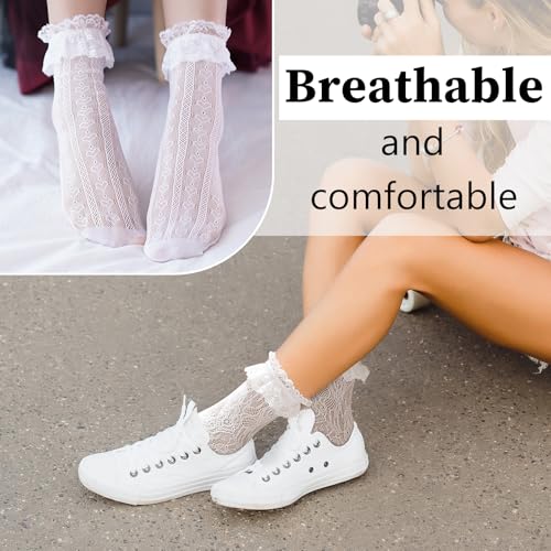 Image of Women Lace Ruffle Socks White Black Frilly Lolita Crew Dress Socks | Womens Ankle Lacy Ruffled Socks Adult Cute Soft Cotton Thin Sexy Mesh Lace Trim 80s Casual Church Socks for Ladies Big Girls