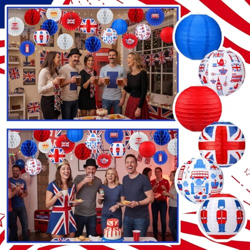 Retisee 18 Pcs British Party Decorations Britain UK England Flag Hanging Paper Lanterns Red White Blue Honeycomb Fans Honeycomb Ball for Hanging Coronation Union Jack Party Decoration by Retisee - Used condition - Image 6