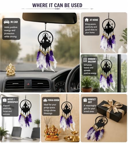 Image of Acrylic Dream Catcher Car Hanging Ornament with Purple and White Feathers - Rear View Mirror Decor for Cars, Spiritual Wall Hanging Decoration for Home, Office and Gift Use (SIVAJI-03)