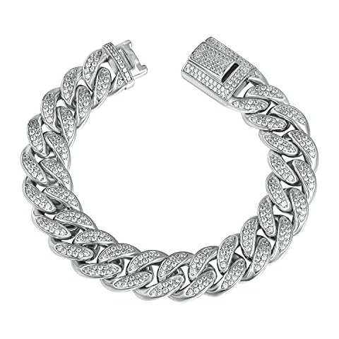 GEMSME Cuban Link Bracelet 18K White Gold Plated Bracelet Iced Out Cubic Zirconia Hip Hop Jewelry for Women Men 7.5/8.0/8.5 Inch, Brass, Cubic Zirconia Cover