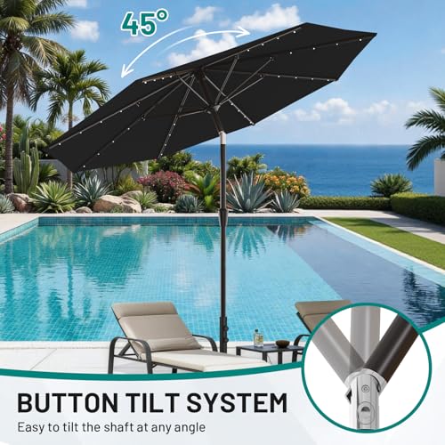 Image of AreShark 9FT Patio Umbrella with Solar Lights, 32 Lighted Pool Umbrella w /Tilt and Crank, Outdoor Market Solar Umbrellas for Garden, Deck, Backyard, Pool and Beach, Black