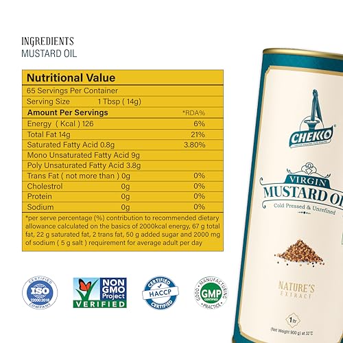 Image of Chekko Cold Pressed Mustard Oil 5 Litre Tin | Kachi Ghani Yellow Mustard Oil | 100% Pure Wood Pressed Edible Cooking Oil for Frying, Pickles, Sauteing & Traditional Indian Cooking | Natural Unrefined Mustard Oil Bulk Pack for Daily Kitchen Use