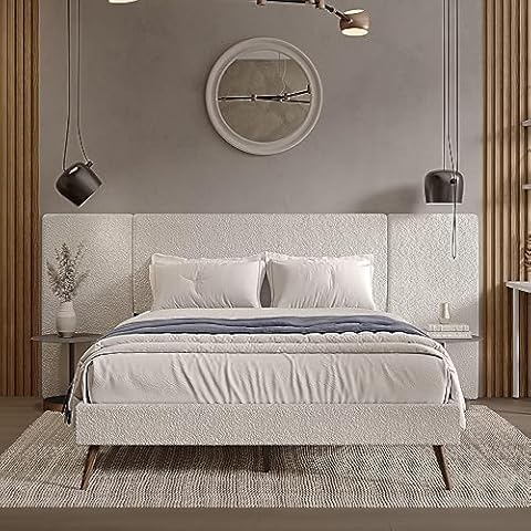DG Casa Boucle Modern Platform Upholstered Bed Frame with Soft Textured Extended Headboard Fluted Wooden Base Legs, Slat Support Included, Easy Assembly, Queen Size, Cream Cover