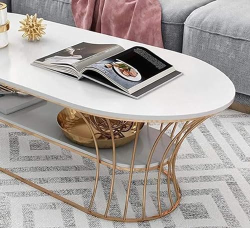 Image of CROWN ART SHOPPEE Metal Oval Coffee Table Living Room Sofa Side Cabinet Small Table Creative Household Removable Coffee Table White Gold