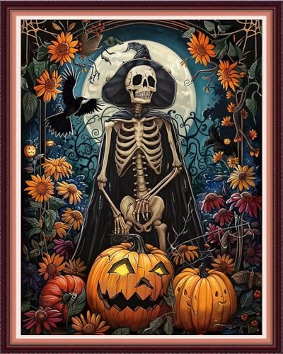 Image of Funxvoot Stamped Cross Stitch Kits for Beginners or Adults Embroidery Starter Patterns | DIY Printed Cross Stitch Kits Needlepoint for Adults 11CT-Skeleton Moon 16x20 inch