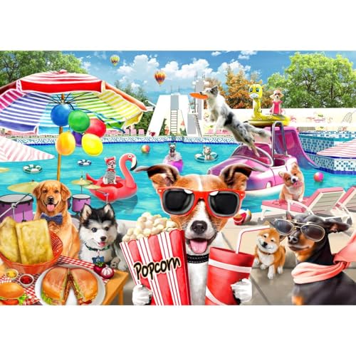 HUADADA Jigsaw Puzzles for Adults 1000 Pieces, Dogs Pool Party Interlock Perfectly No Dust, Home Decors Family Challenge Toys for Men Women Elders Seniors (27.5'x19.6'), 1:1 Poster