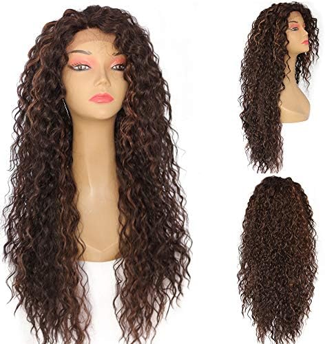 QD-Udreamy Beautiful Looking Kinky Curly Type Synthetic Lace Front Wigs Glueless Heat Resistant Hair Black Highlight Gold for Black Women Makeup 26 Inch