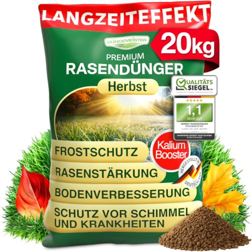 DÜNGEMEISTER Herbst Rasendünger mit Langzeitwirkung und KaliumschutzPlus Formel für extrem winterfesten sattgrünen Rasen! Perfekte Widerstandsfähigkeit gegen Frost & Krankheiten (20kg)