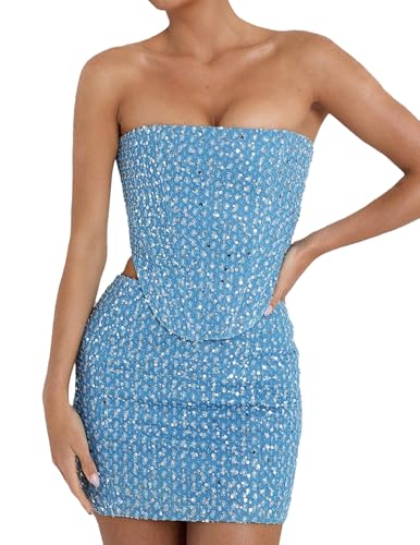 Diamond Two Piece Set Women Blue Sequin Skirt Set Sleeveless Corset Tops Sexy Mini Porm Dress
