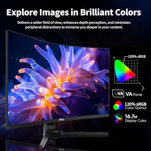 Image of PIJ 32 Inch Curved Monitor 4K 60Hz, UHD PC Monitor Built-in Speakers, Computer Screen for Home Office Business, DP, HDMI, Compatible with Wall mounting 100 * 100MM - Black