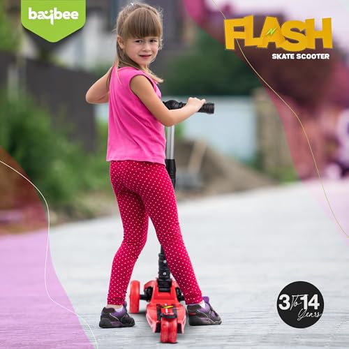 Image of Baybee Flash Kick Scooter for Kids | Smart Foldable 3 Wheel Kids Scooter with 4 Height Adjustable, LED PU Wheels & Brake | Skating Scooters Upto 75 Kg Capacity | Skate Scooters for Kid (Red)
