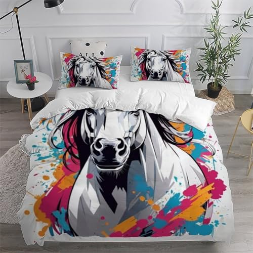 Housse de couette poney imprimé 3D couleur parure de lit microfibre 200x200cm avec 2 taies