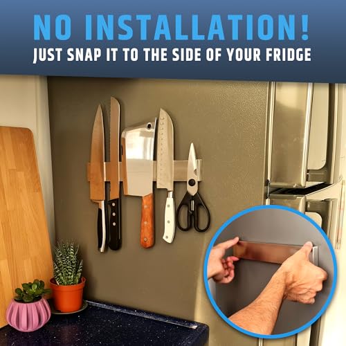 Image of 12 inch Premium Magnetic Knife Holder for Refrigerator (Double-Sided Heavy-Duty Magnets) - Upgraded Strip for Strong Fridge Mount - Clear Up Counter Space - 304 Anti-Rust Stainless Steel (Upgraded Design)