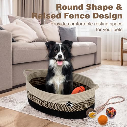 Image of Optish Dog Toy Basket, 30L Toy Box and Bin for Dog Cat Storage, 19.7 inch X 11 inch X 7.9 inch Large Woven Rope Basket for Blanket Storage, Living Room, Bedroom, Black & Brown