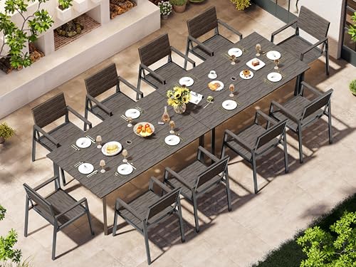 Image of Outdoor Dining Set for 10, Patio Table and Chairs Set with Umbrella Hole, 12 Pieces HDPS + Aluminum Outdoor Furniture Sets for Patio, Garden (Charcoal)