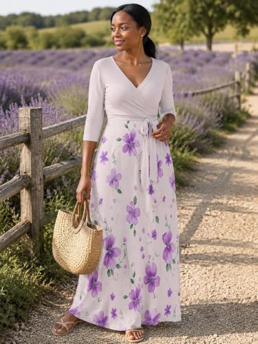 Image of PinkPatty Women's Plus Size V Neck 3 /4 Sleeve Wrap Maxi Dress with Belt