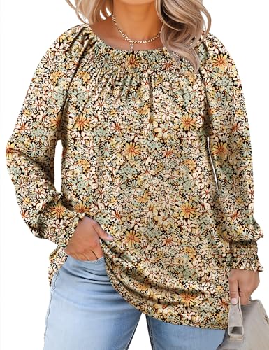 Micoson Womens Plus Size Tops Long Sleeve Shirts Crewneck Pleated Blouses Dressy Casual Fashion Tunic Top (1X-5X)