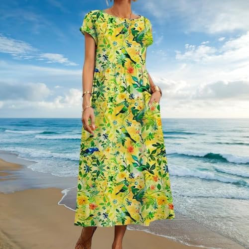 Cotton T Shirt Dresses for Women Cap Sleeve Crewneck Empire Waist Flowy Swing Summer Casual Long Maxi Smocked Dress - Image 2