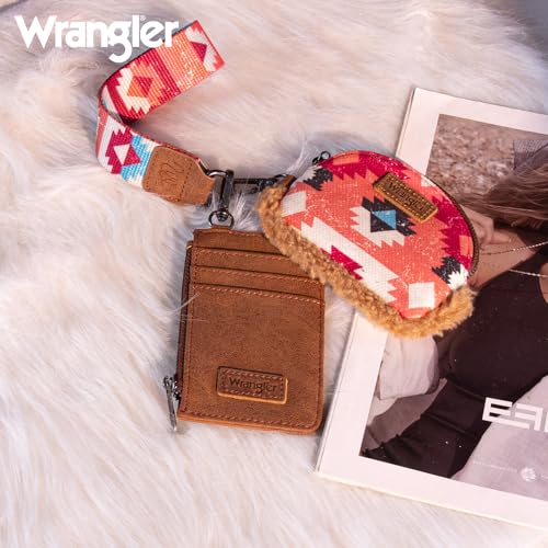 Image of Wrangler Western Keychain Wristlet Wallets for Women Dual Pouch Wristlet Sherpa Coin Purse for Women Keychain Card Holder WG166-W0051BR