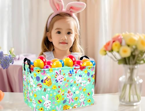 Image of Large Rectangular Easter Baskets Empty Waterproof Boy Toy Box Foldable Kid's Gifts Storage Bin Spring Room Decor(Green Dancing Rabbit)