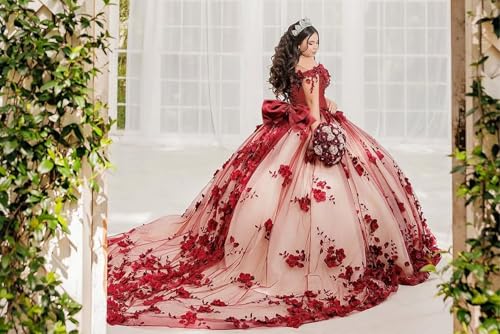 Zhangyo 3D Flowers Quinceanera Dresses with Bow Floral Beaded Sweet 15 16 Dresses with Train Off Shoulder Puffy Ball Gown4