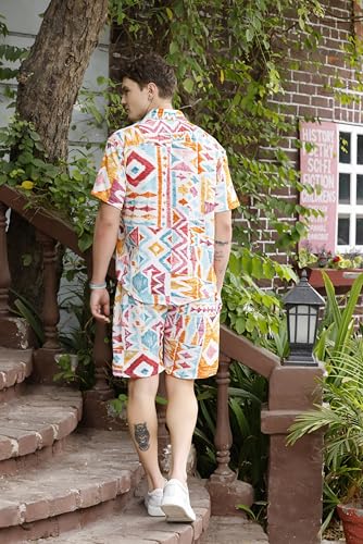 Image of Zilcon Men's Cord Set Short Sleeve Summer Winter Holiday Printed Shirt & Shorts Set 2 Pockets Oversize Two Piece Casual Daily Men co ord Set