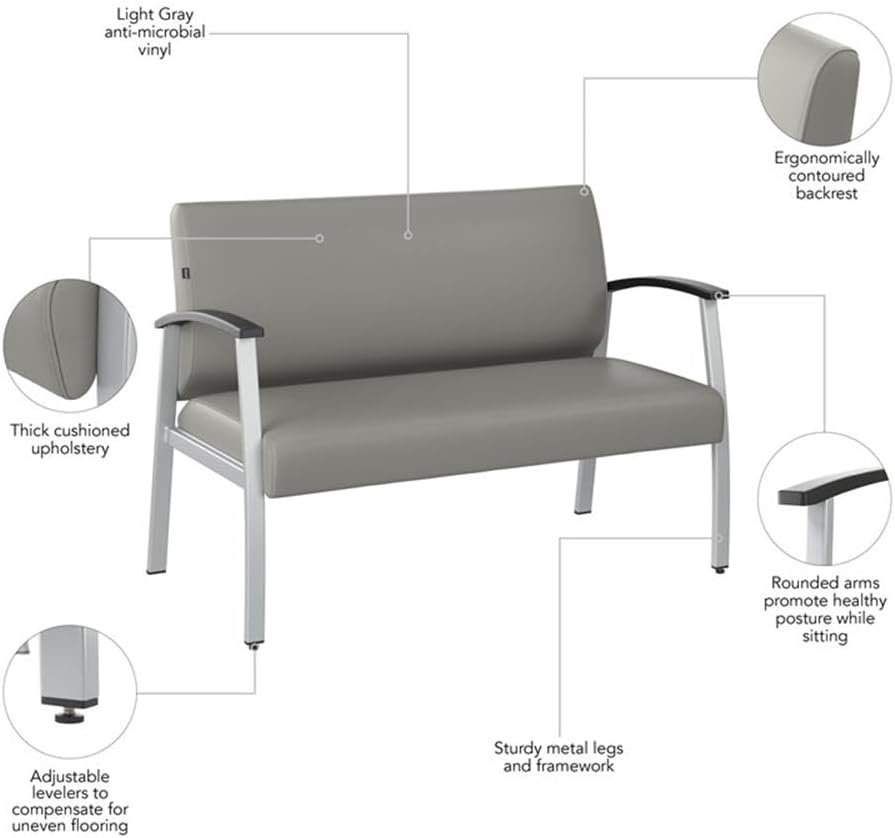 Pemberly Row Waiting Room Loveseat with Arms, Light Gray Vinyl Upholstery, Sturdy Metal Legs, 41.9W x 19.7D Cushioned Seat, Durable Reception Sofa for Office, School, Hospital, Salon