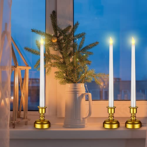 Image of Fumete 16 Pcs Flameless Candles with Gold Base | Battery Powered Taper, White Candles, Operated LED Candlesticks for Party Home Dinner Decorations
