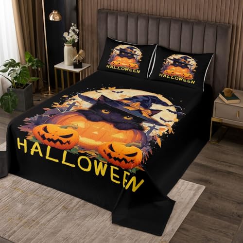 Happy Halloween Kids Bedspread King Size,Moon Pumpkin Lantern Witch Hat Coverlet Set,Boys Girls Room Decor,Cartoon Cat Bat Animal Rustic Quilted Coverlet,Black Trippy Bedding Quilt,2 Pillowcases