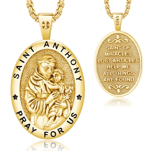 AUDINCEED 18K Gold Plated St Anthony Medal Necklace 925 Sterling Silver Saint Anthony Necklace Pendant Religious Patron Amulet Jewelry Gifts for Men Women