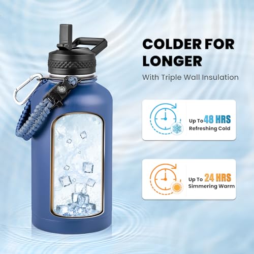 Image of RAYMYLO Insulated Water Bottle 64 oz, Triple Wall Vacuum Stainless Steel (Cold for 48 Hrs), Leak Proof & Non-BPA, Half Gallon Water Flask Jug with Paracord Handle & Straw Spout Lids, Navy Blue