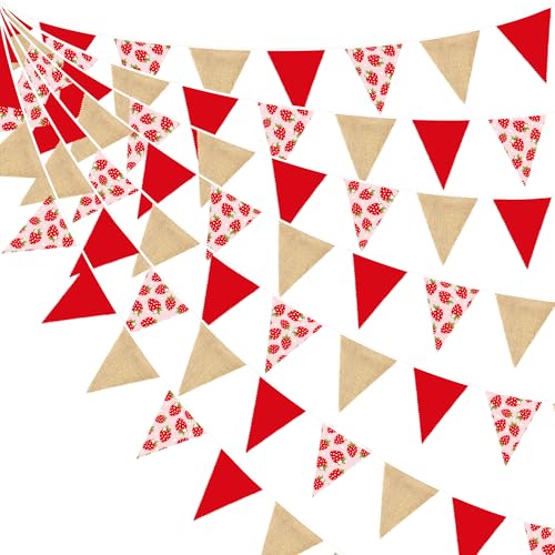 Image of 32Ft Strawberry Party Decorations Red Strawberry Burlap Triangle Flag Fabric Banner Pennant Garland Streamer for Berry Sweet Girls Birthday Wedding Engagement Baby Shower Rustic Party Decor Supplies