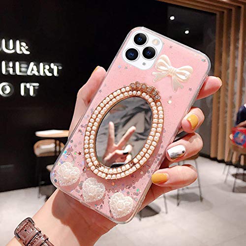 JAWSEU Case Mirror Compatible with iPhone 11 Pro Max, Bling Shiny Glitter Diamond 3D Pearl Hearts Design Crystal 360 TPU Silicone Ultra Thin Slim Soft Gel Rubber Bumper Girls Phone Case,Pink