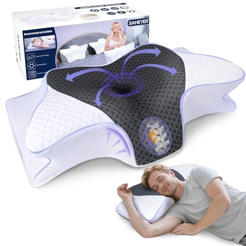 SAHEYER Cervical Neck Pillow, Memory Foam Pillow for Neck Pain Relief and Snoring, Ergonomic Pillow for Side Sleeper, 2 in 1 Orthopedic Pillow for Back and Stomach Sleeper, White