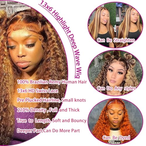 Image of LAINSS Highlight 13x6 Deep Wave Lace Front Wigs Human Hair 4 /27 Ombre Curly HD Transparent Lace Frontal Wig Pre Plucked Glueless Wig human hair 210% Density Wet and Wavy Curly Wigs 18 Inch