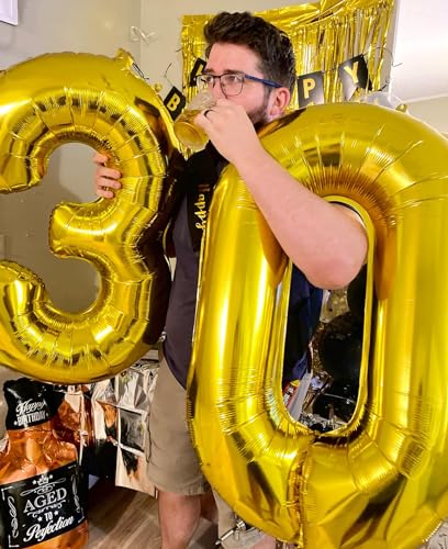 Image of Gold Number 30 Balloon 40 inch, 30 Number Balloons, 30th Gold Birthday Decorations, 30 Year Old Women Men Golden Party Supplies