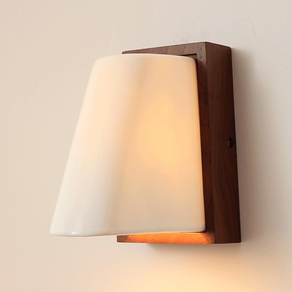 KBUUKYYXouy Rustic Farmhouse Wall Mount Lighting Indoor Sconce Small Spaces Milk Glass Wall Sconce Wood Mid Century Wall Sconce Vintage Wall Mounted Lamp for Bedroom Living Room Corridor Kitchen