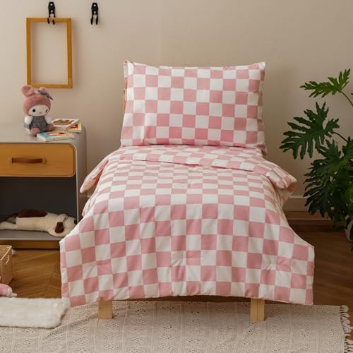 Image of Luxlovery Toddler Comforter Set Checkered Plaid Pink White Kids Boho Bedding Set Bed Set for Dorm 4 Pieces (1 Comforter, 1 Flat Sheet, 1 Fitted Sheet, 1 Pillowcase)
