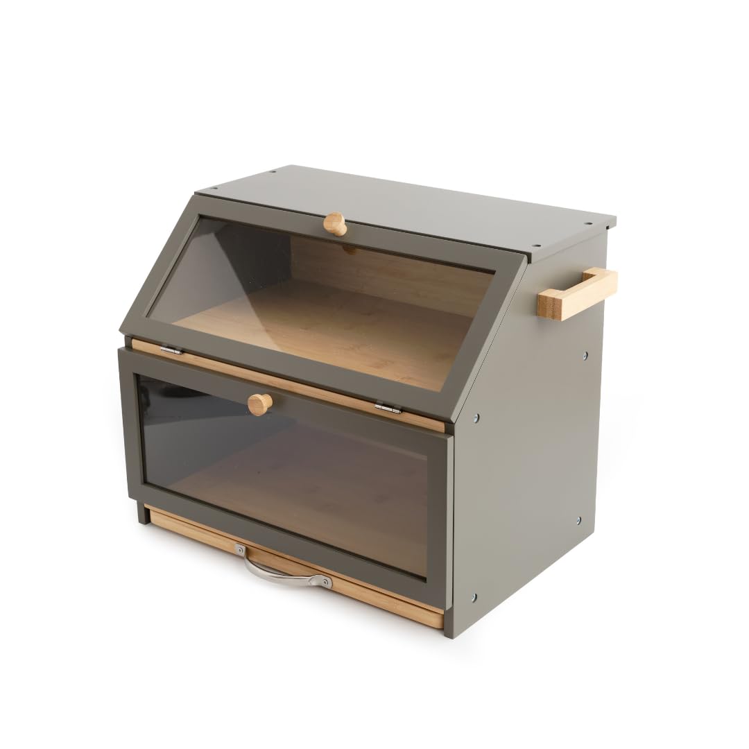 Marley's Homeware Grey / Natural Bamboo Bread Bin 2-Tier Bread Box With Cutting Board And Knife Holder Naturally Antibacterial Sustainable Eco Friendly Storage Box Organic Premium Kitchen Organiser Double Decker ()