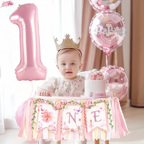 Image of Kriyokiaa Highchair Banner 1st Birthday Girl Floral and Butterfly Fairy Theme First Birthday Party Decoration for Photo Background