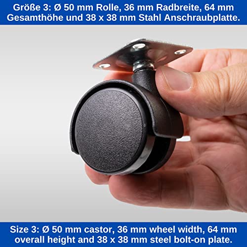 Furniture castor set, 4 pieces, in black, diameter 50 mm castor, 64 mm total height - Image 3