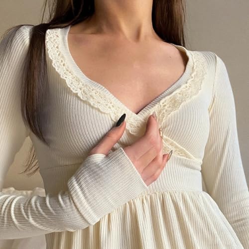 Image of Fairy Grunge Shirts for Women Y2K Tops Long Sleeve Lace Patchwork Tees Teen Girls Vintage Slim Blouse Fall Clothes