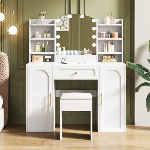 Generisch Tocador grande con iluminación LED ajustable, espejo y taburete, mesa de maquillaje moderna con espacio de almacenamiento para dormitorio, color blanco (110 x 40 x 132 cm)