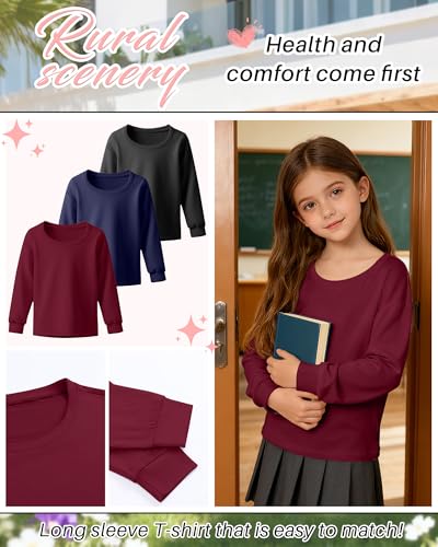 3 Pack Girls' Long Sleeve Shirts Round Neck Kids Knit Tops Loose Sweatshirt Toddler Pullover Basic Tees Tween Youth2