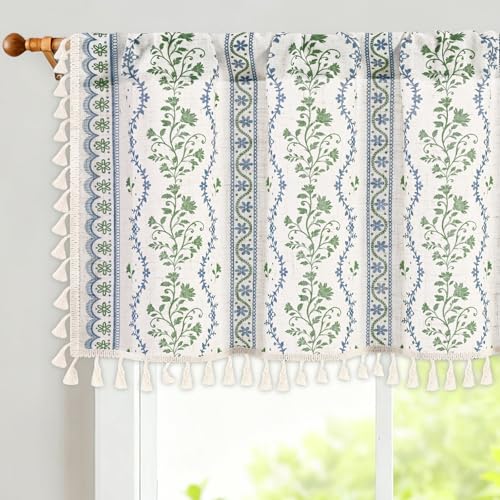 Image of Yinhua Boho Valance Curtains Vintage Linen Kitchen Valances for Windows Light Filtering Bohemian Floral Valance Rod Pocket Tassel Window Valances for Bathroom Cafe, 52 inch W X 18 inch L, Blue Green Floral