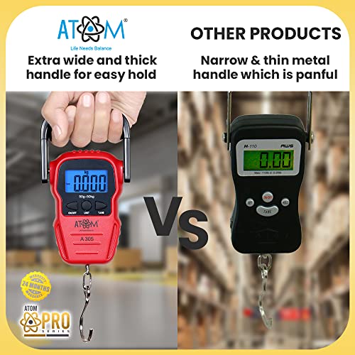 Image of ATOM Cerkel C-HS Series A305 Digital Hanging Luggage Weighing Scale, 50 kg Capacity, Stainless Steel Hook, Portable Electronic Weight Machine with LCD Display