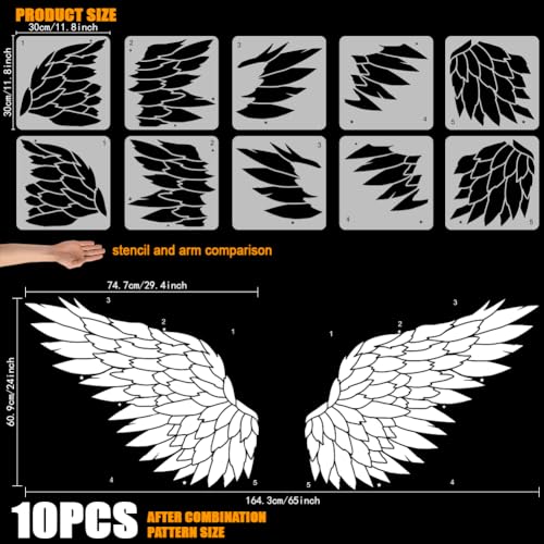 FINGERINSPIRE 10PCS Large Angel Wings Stencil for Painting 30x30cm Reusable Combination Splicing Drawing Template Plastic PET Feather Wings Painting Stencil for Home Wall Furniture Decoration - Image 2