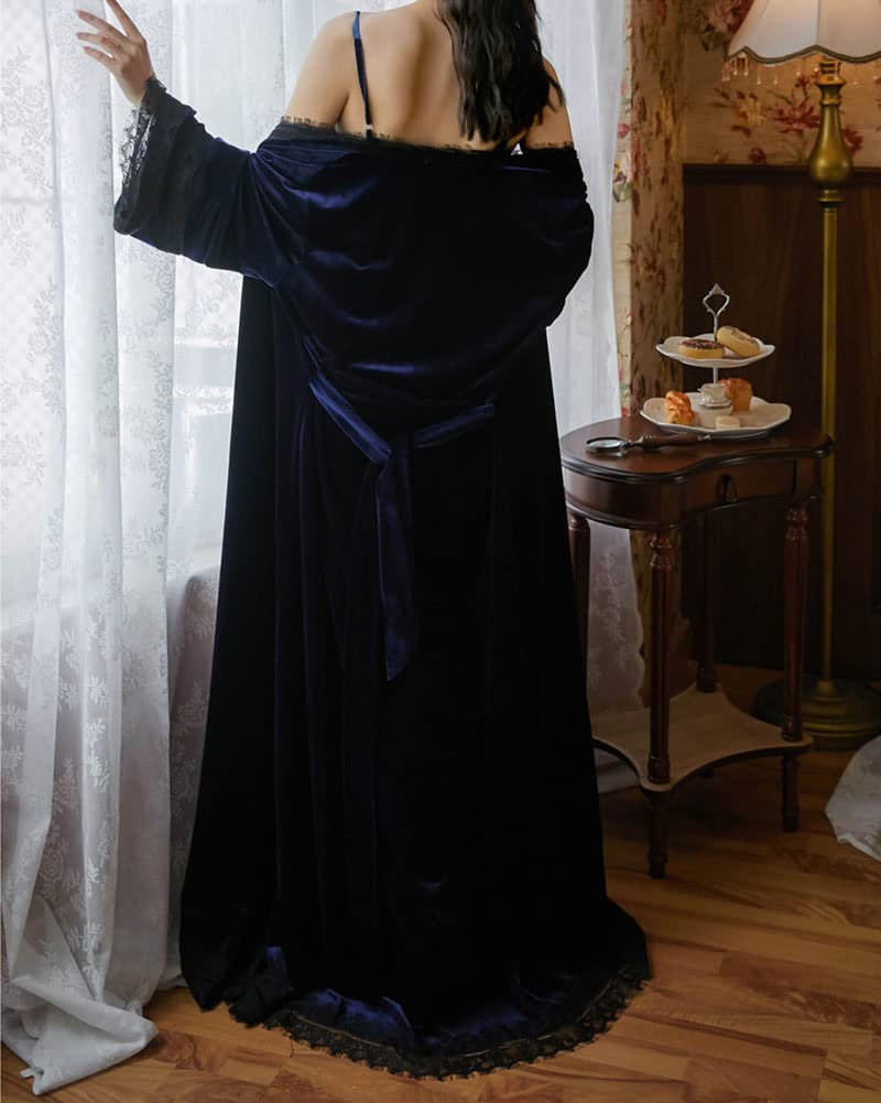 DAIHAN Mujer Conjunto de Pijama Victoriano Palace Manga Larga Camisones de Encaje Camisón Largo Invierno Bata de Dormir de Terciopelo y Vestido Lencero Traje con Ribete de Encaje