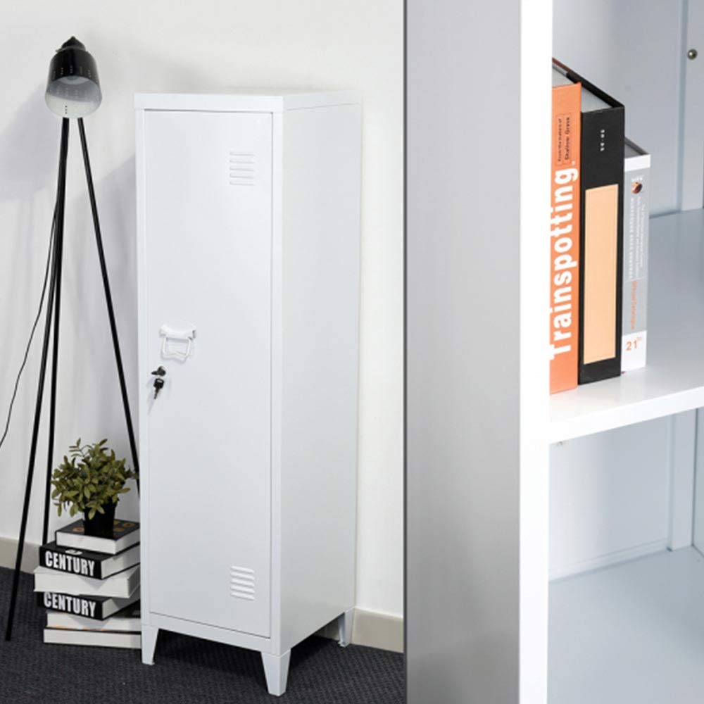 BAKAJI Armadietto Armadio da Spogliatoio Mobile Mobiletto in Metallo Chiusura Anta con Chiusura a Chiave 3 Ripiani Interni Dimensioni 138 x 38,5 x 38,5 cm Design Moderno industriale (Bianco)