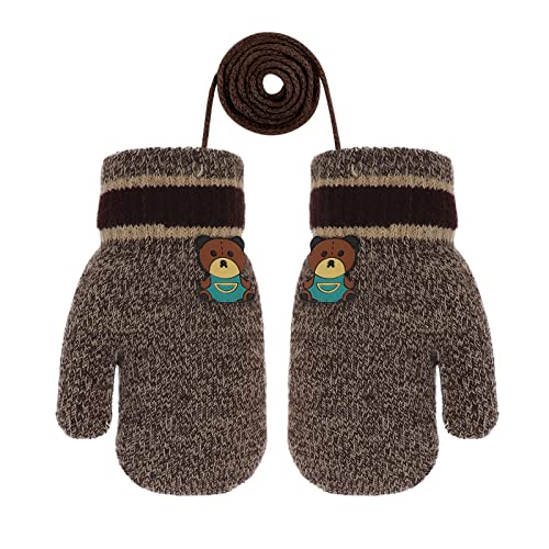 PURFUN Toddlers Thermal Short Knitted Gloves Baby Kids Winter Thicken Plush Lining Mittens Hands Warmer Indoor Outdoor Cartoon Bear Full Finger Gloves Mitts for 1-3 Yrs Girls Boys